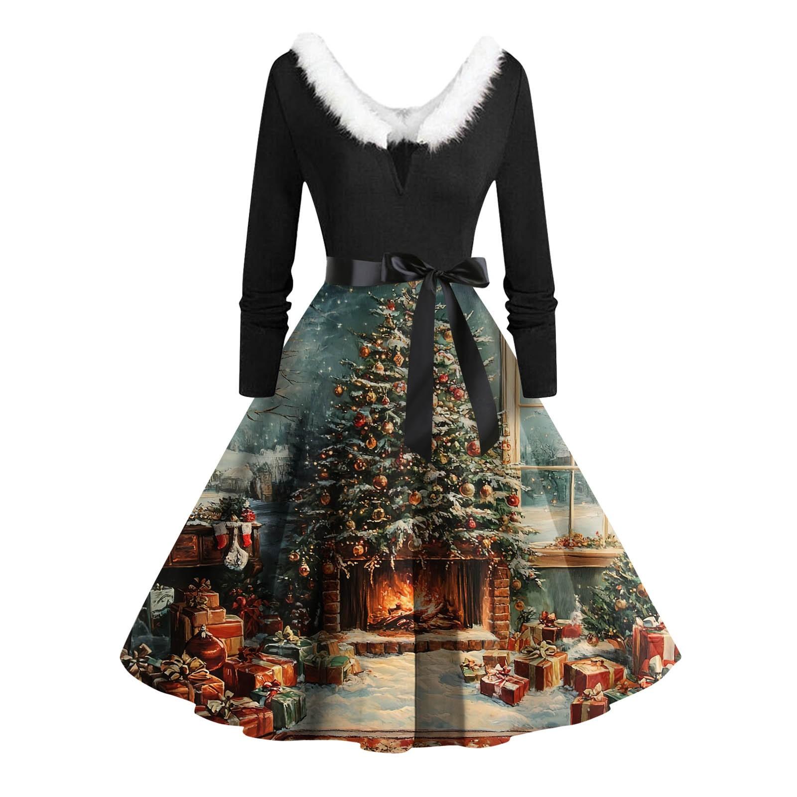 

Женские повседневные модные длинные платья с рождественским графическим принтом и длинными рукавами в винтажном стиле L коричневый