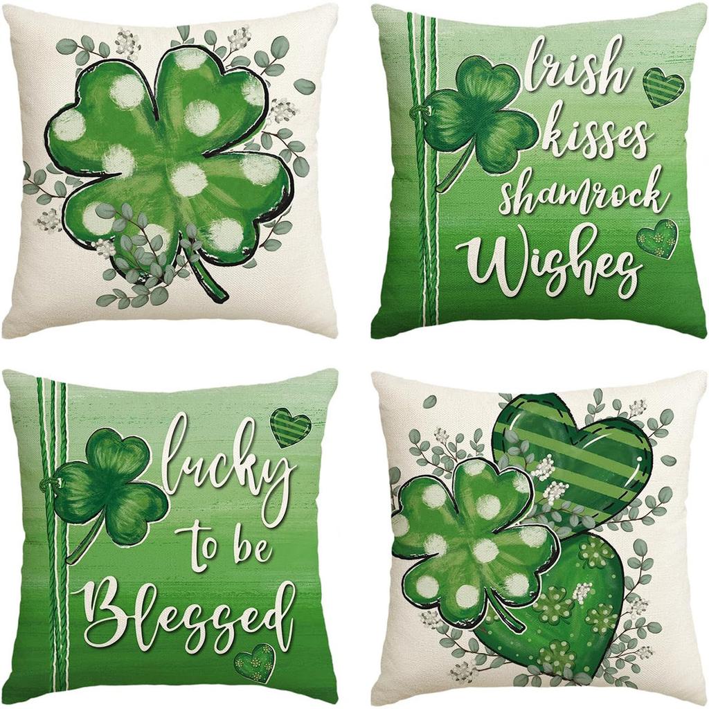 St. Patrick's Day Pillow Cover Line Printed Pillow Cover Green Four-leaf Crocodile Cushion Cover