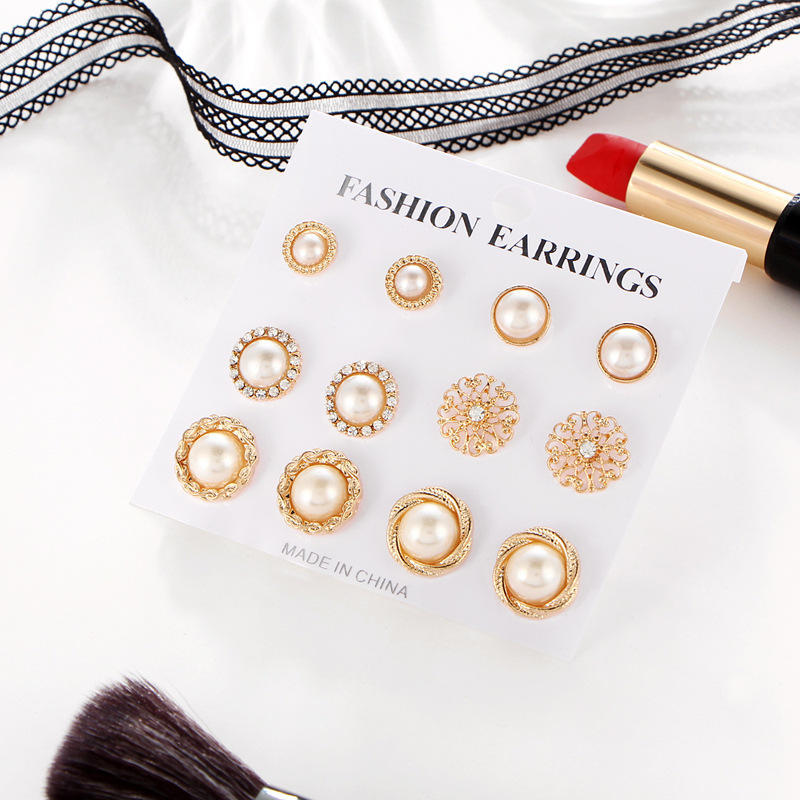 6 Pairs Women Retro Flowers Pearl Earrings Set Fashion Ear Stud Jewelry