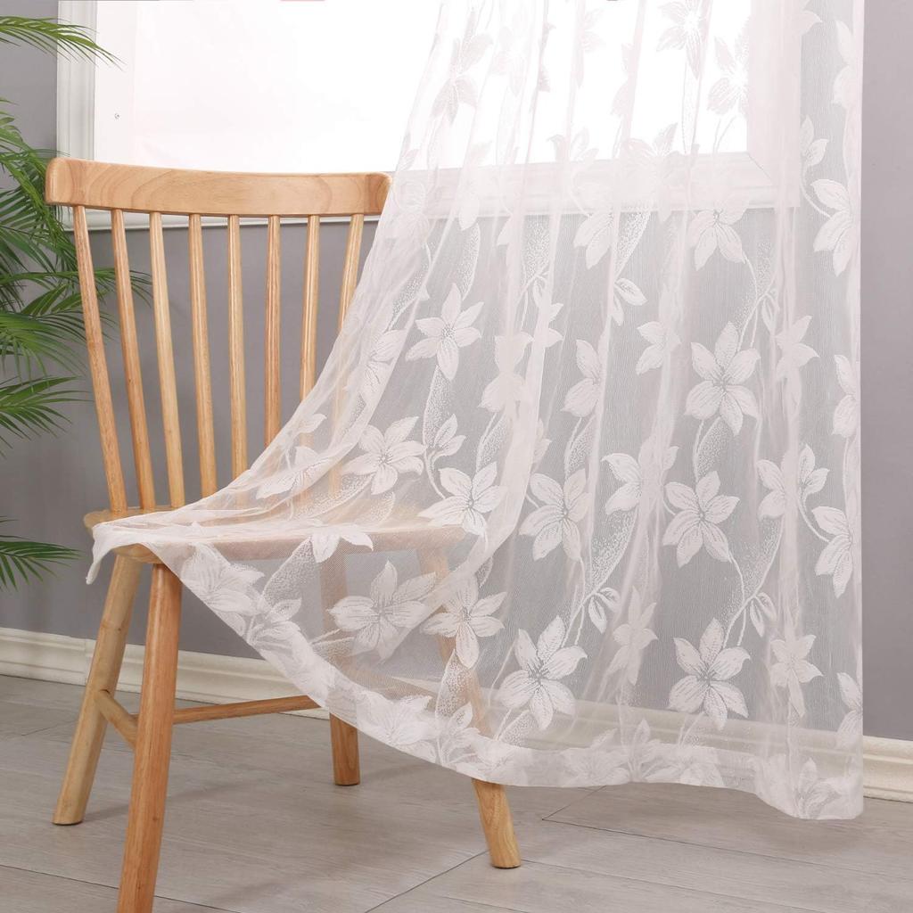 DWCN Lace Floral UV Nordic Embroidered Tulle Light Heat 150cm Wide X 200cm Set of White Curtains, Print, Protection, Semi-Privacy, Cute, Solid, Style,