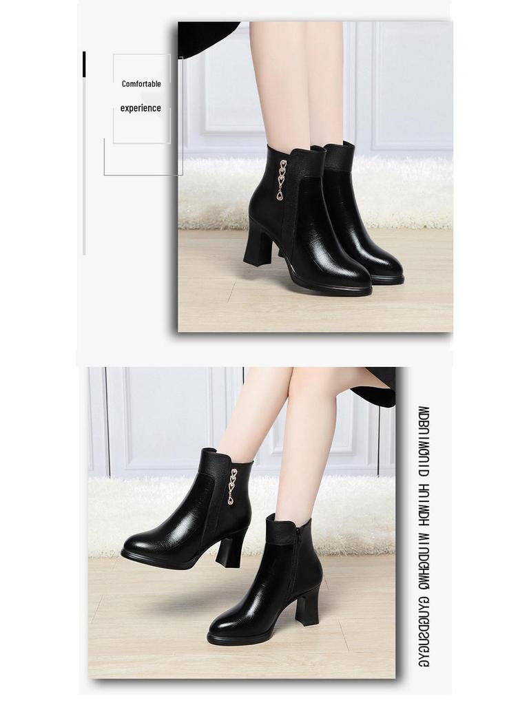 Autumn/Winter 2023 Chunky Heel Ankle Boots - Warm Fleece-Lined Leather Shoes for Middle-Aged Women