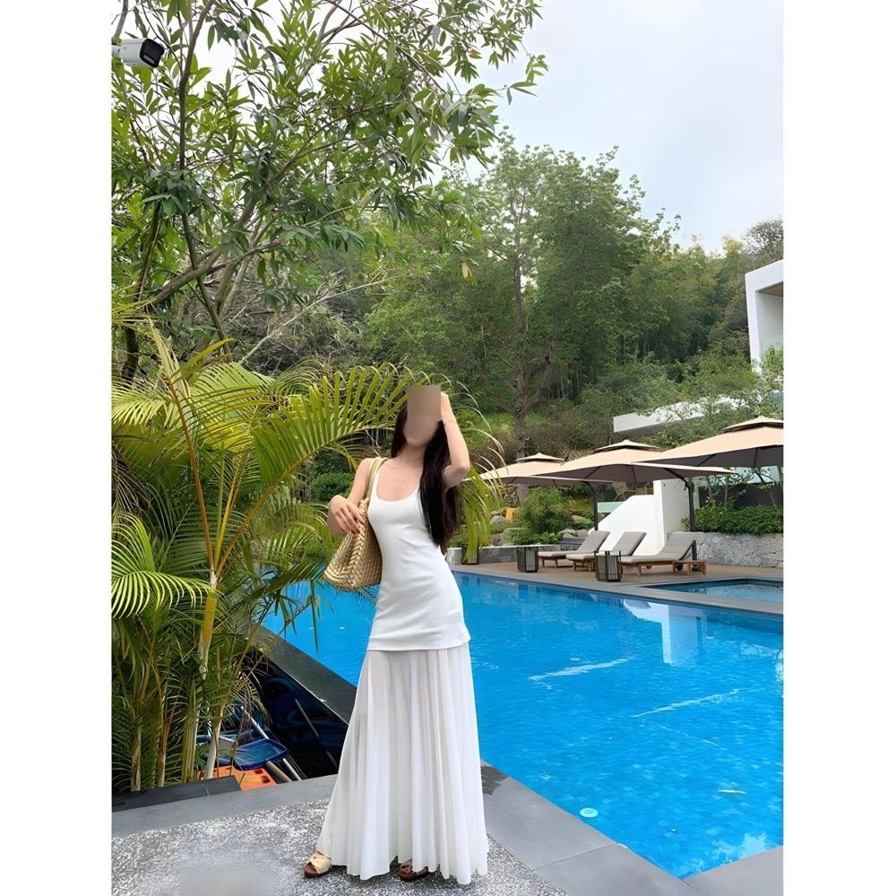 Temperament Dress Women's Summer Vacation Style Seaside Wear Suspender Long Dress Mesh Splicing Skirt