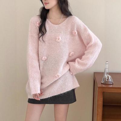Autumn and Winter New Soft Waxy Loose Three-dimensional Flower Knitted Sweater Top Sweet Gentle Wind Sweater Pullover Woman