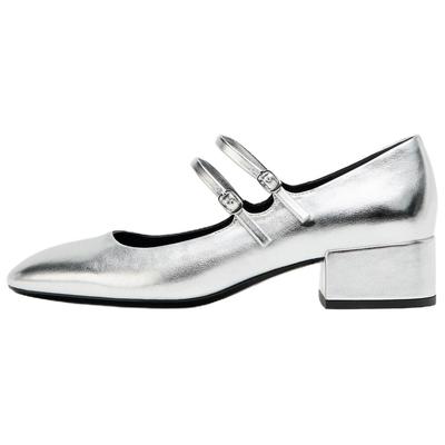 Pu Stylish Metallic Effect High Heel Chunky Mary Jane Shoes 4Cm Women Shoes Silver 11834510808