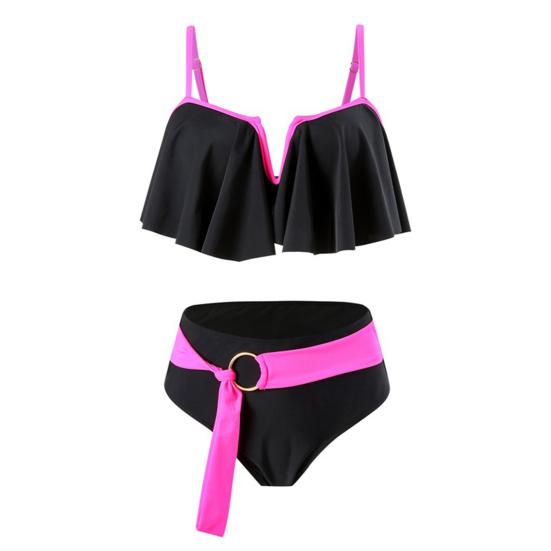 2Pcs/Set Women Sexy Bikini Set V-neck Sling Ruffle Hem Bra High Waist Ribbon Swim Briefs Set Patchwork Color Split Design Beachwear
