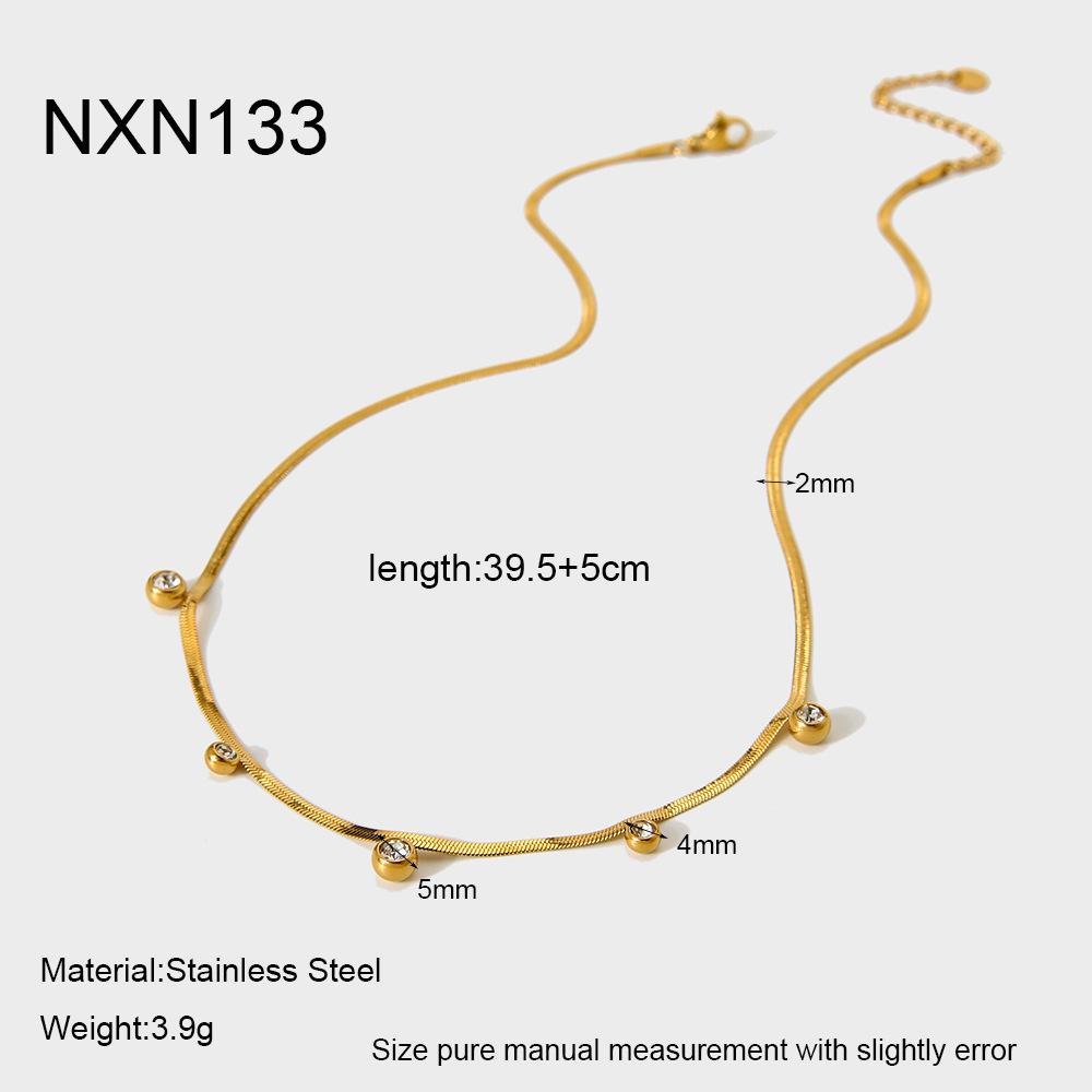 Ins Simple Round Zircon Tassel Flat Snake Chain Necklace Stainless Steel Electroplating 18K Gold Fashion Jewelry Women