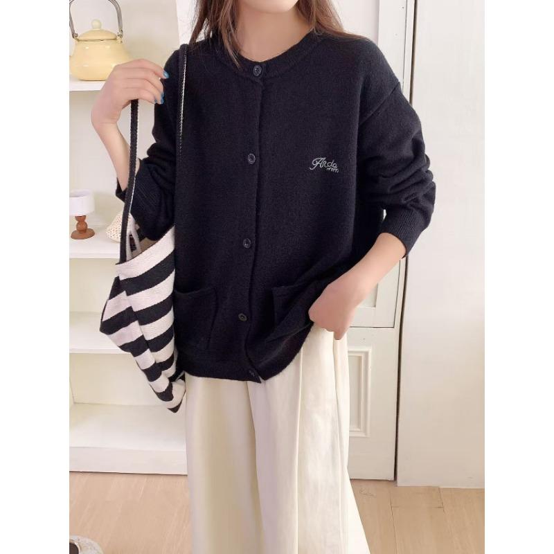 Autumn and Winter New Casual Loose Embroidered Crew Neck Cardigan Versatile Soft Waxy Single-breasted Sweater Women's Coat