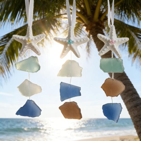 3Pcs Seaglass Hanging Decoration Handmade Bohemian Coastal Nautical Starfish Sea Glass Art Home Office Beach House Wall Ornament Pendant