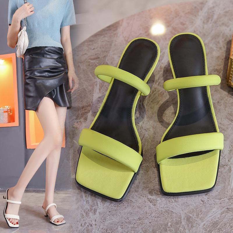 Fashion Open Toe High Heeled Slippers Women's Summer New Square Head Thick Heel Mid-heel flip flops stiletto pumps luxury woman clappers