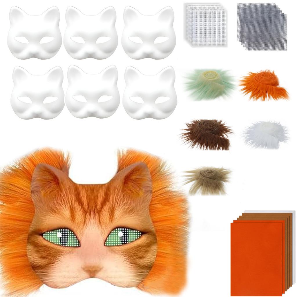 Lustiges Therianer Masken-Set Katzen Füchse Maske mit Fellen Augennetzen DIY Pelzige Tiermaske zum Bemalen für Halloween Cosplay Party
