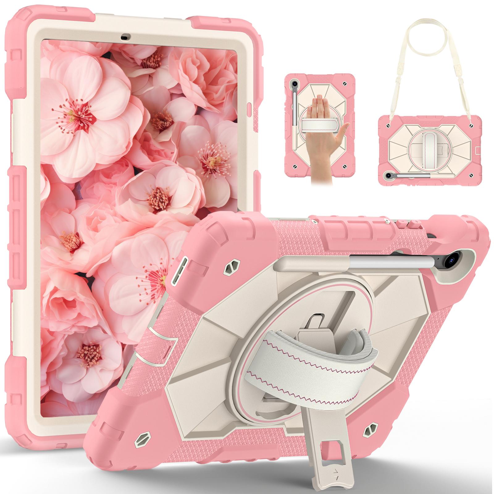 

For Samsung Galaxy Tab S10 FE/S9 FE/S9 Case Silicone+PC Kickstand Tablet Cover with Handy Strap Rose Gold