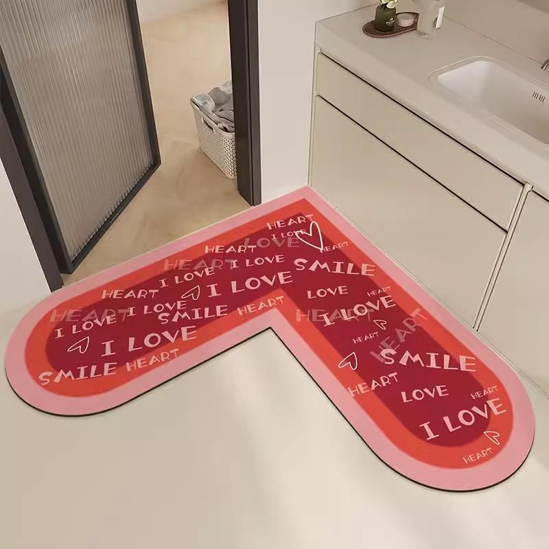 L Shape Diatom Mud Absorbent Bath Mat Non Slip Floor Mat For Bathroom Entrance Heart Design Festive Doormat