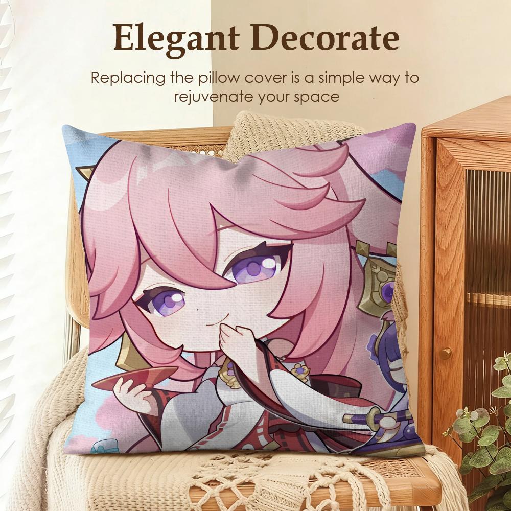 Yae Miko Cute Genshin Impact Cushion Cover Natural Linen Organic Fabric DoubleSided Printing Sofa Home Decor Gift Pillow Case