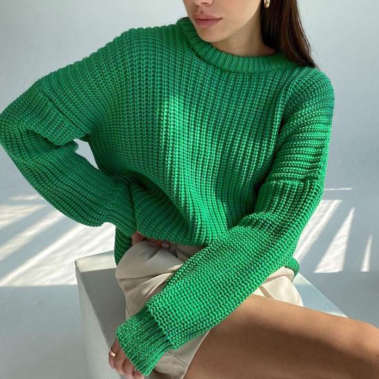 Women Pullover Sweater Round Neck Long Sleeve Elastic Fabric Knitting Tops Solid Color Loose Fit Sweater Tops