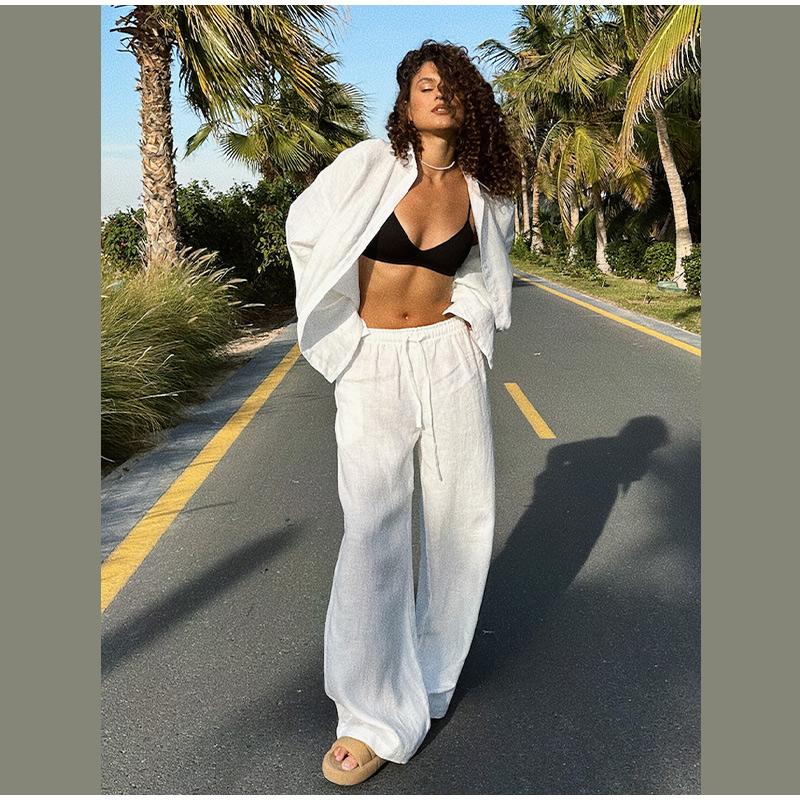 Bavlněná lněná dámská kalhotová souprava ležérní volná jednobarevná knoflíková košile kalhoty outfit léto dámský denní šik volné kalhoty oblek nový