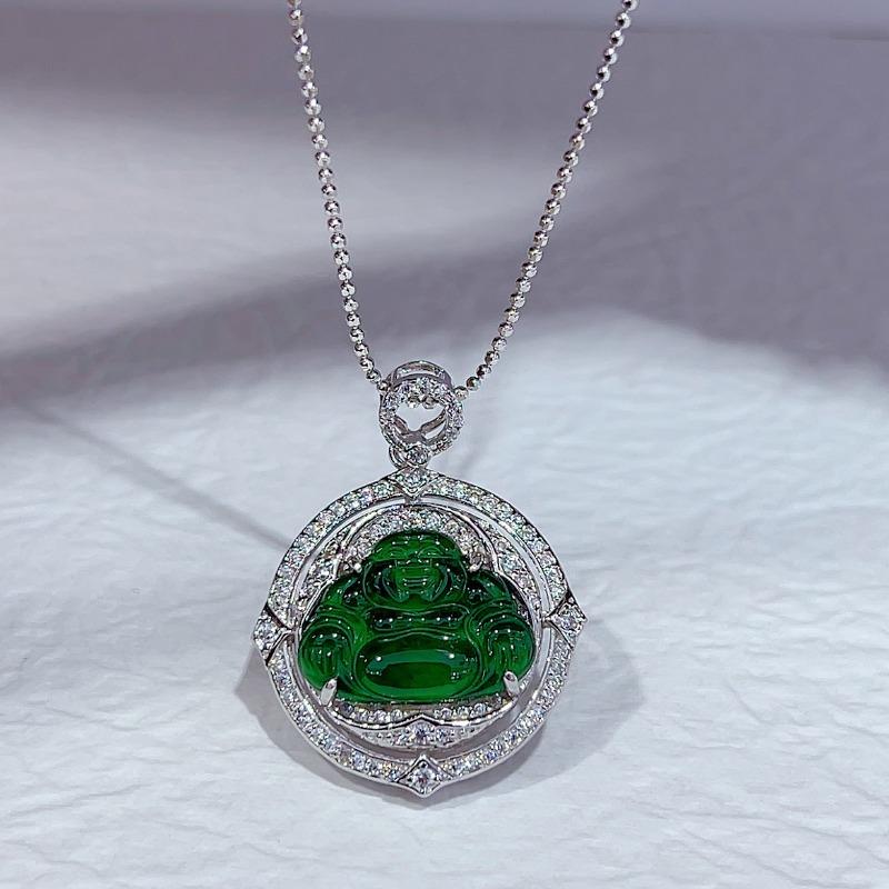

SACE GEMS S925 Sterling Silver Certified 12*16MM Natual Jade Pendant Necklaces for Womne Guardian Maitreya Party Fine Jewelry зелёный