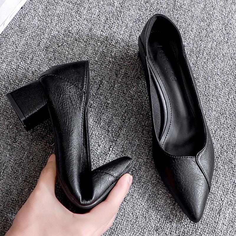 Autumn 2025 Women's Genuine Leather Korean Fashion Pointed Toe Slip-On Chunky Mid Heel Shoes