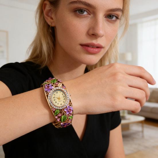 Women Flower Bangle Watch Rhinestone Round Dial Quartz Movement Classic Casual Formal Dress Wide Bangle Wristwatch Fashion Jewelry