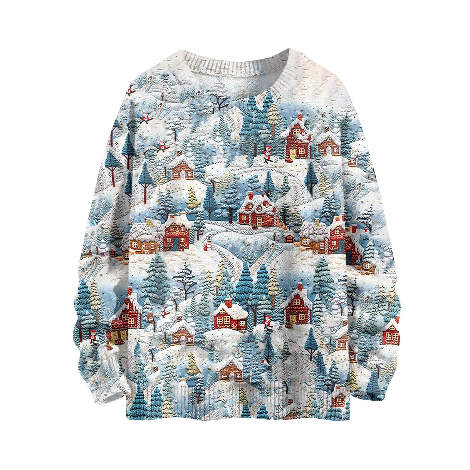 

Женский модный повседневный трикотажный топ с длинным рукавом, рождественским принтом и круглым вырезом XL белый