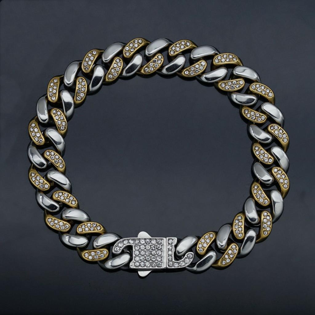 Pvd 18k Gold Color Hip Hop 11MM 15MM 19MM Width 316 Stainless Steel with Two Rows Rhinestone Iced Out Cuban Link Chain Bracelet