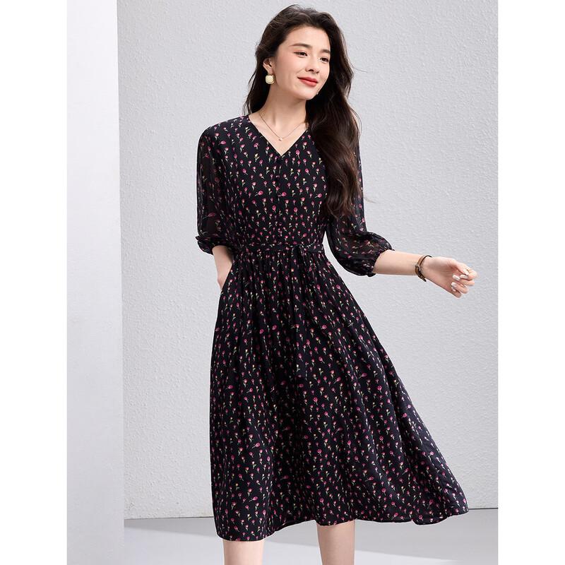 Ou Difu Women s Floral Print Mid-sleeve V-neck A-line Dress M