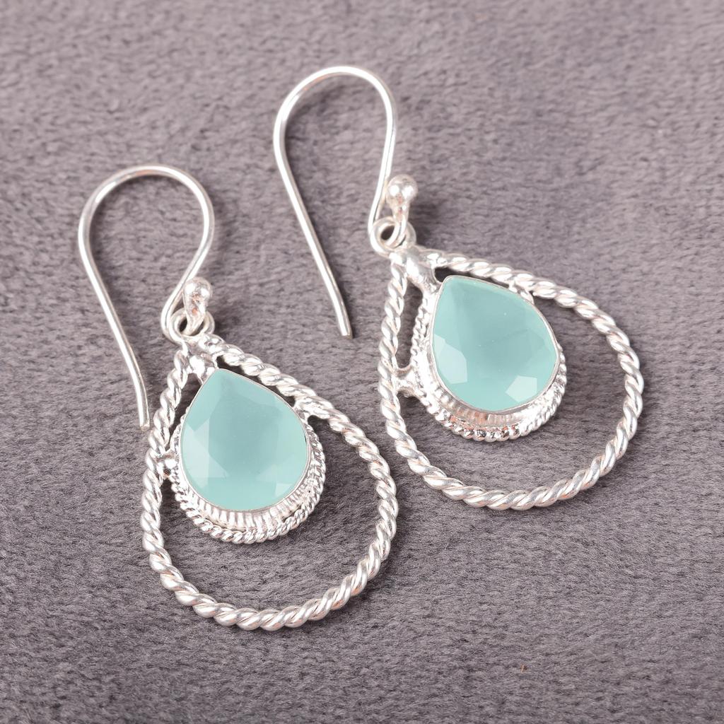 Aqua Chalcedony Gemstone Jewelry, Handmade Glamorous Silver Earrings, 925 Sterling Silver Earrings For Anniversary Gift
