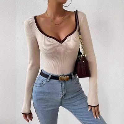 Women's V-neck Striped Knit Bottom Sexy Solid Color Sweater