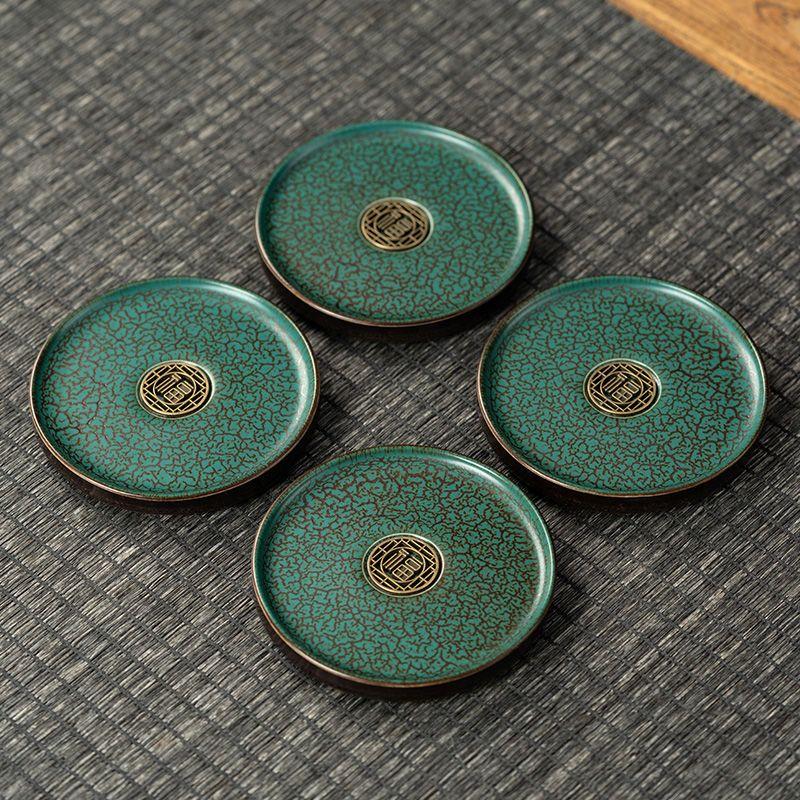 Nordic Gold Plated Dark Green Ceramic Coaster Home Tea Cup Tea Set Accessories Mini Small Tray Home Decoration Porcelain Crafts