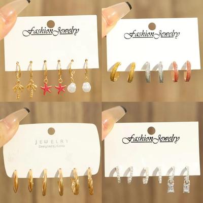 2025 Pearl Circle Starfish Women's Earrings Creative French Retro Gold Earrings Set 3 Pieces Card Pack