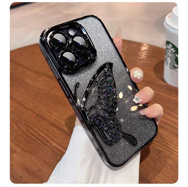 

Luxury Plating Bumper Flash Glitter Butterfly Phone Case For iPhone 11 12 13 14 15 16 Pro Max Lens Protector On 15 Back Cover For iPhone 12 Pro чёрный