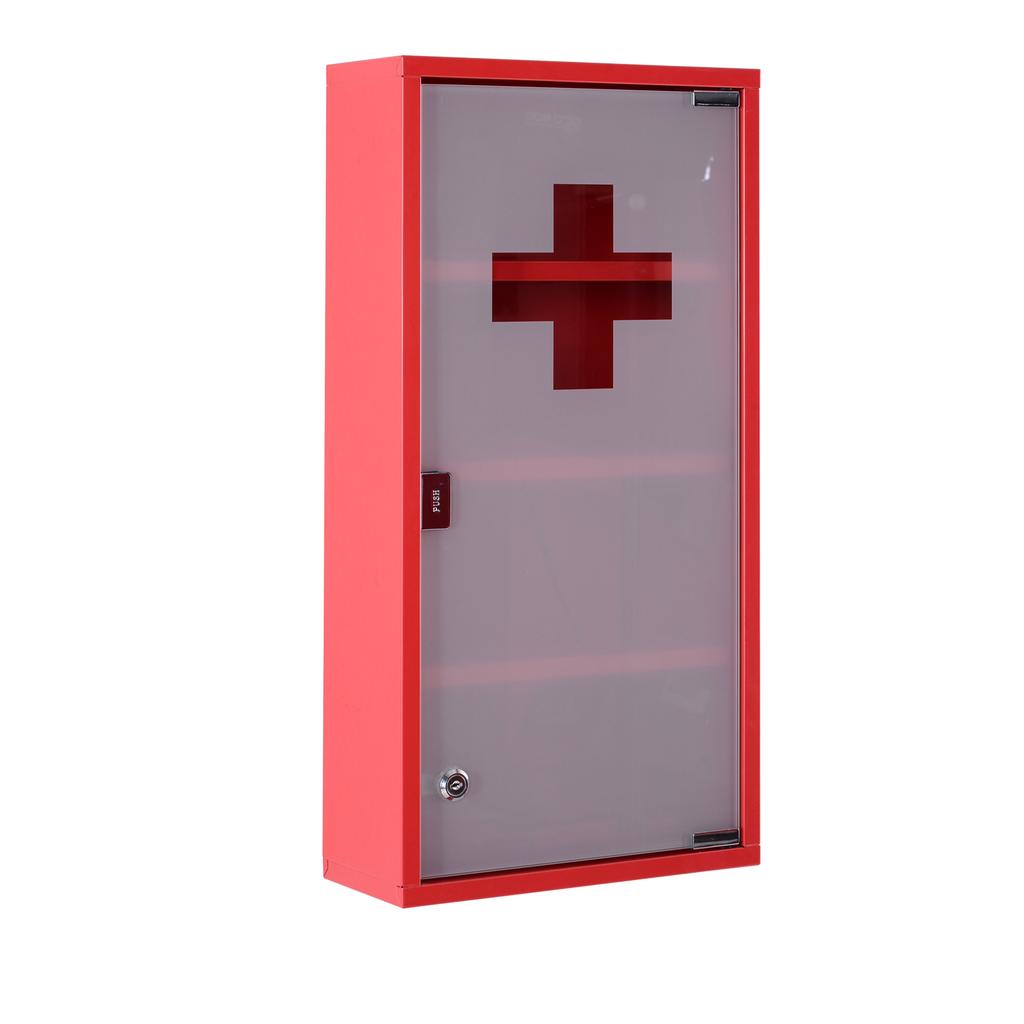 Gabinete de Medicina de Acero Rojo Montado en Pared con 3 Estantes + Puerta de Cristal de Seguridad con Cerradura 60 cm(H)