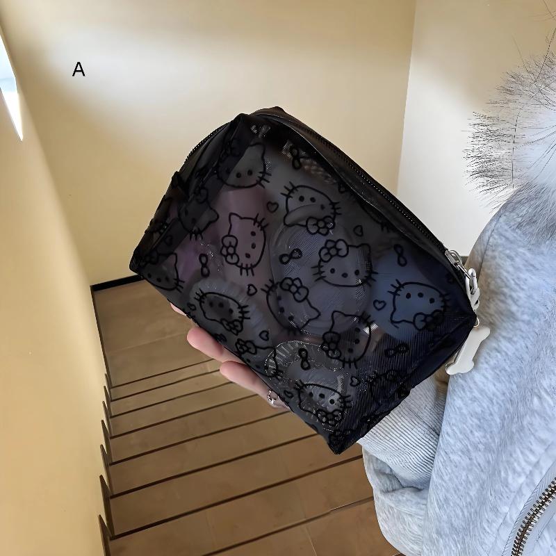 Black Mesh Hello Kitty Makeup Bag Portable Cosmetic Pouch Durable Organizer For Travel