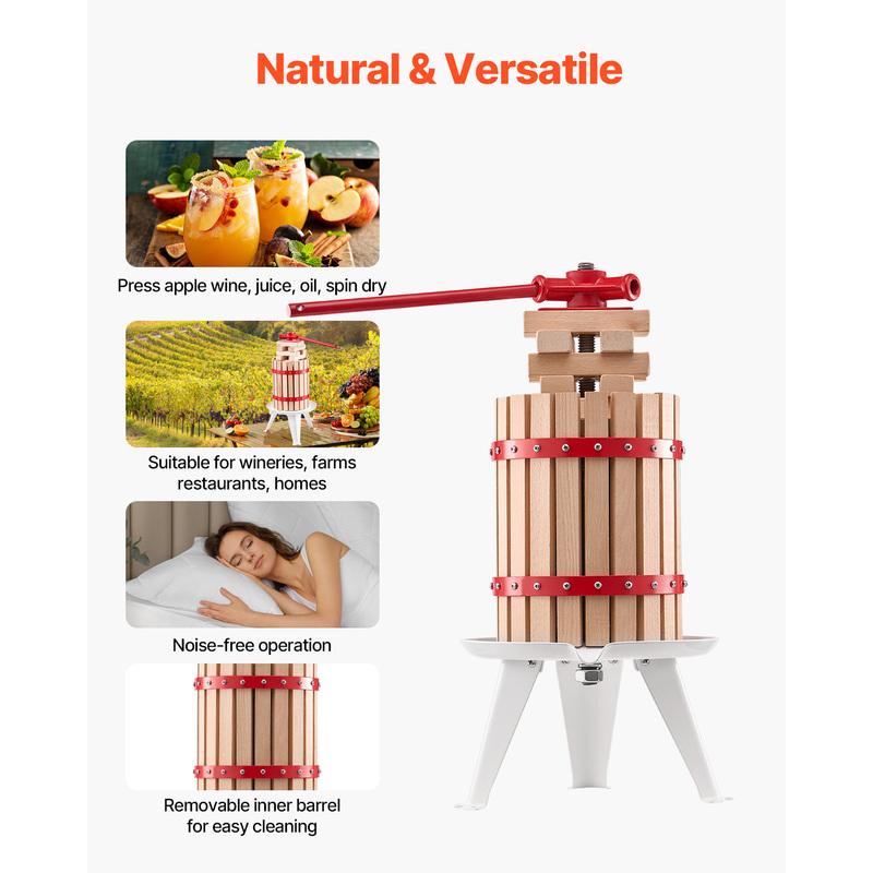 SucceBuy Prensa para Vino de Frutas de 6L 12L Cesta de Madera Maciza con 8 Bloques Prensa Manual Resistente para Hacer Jugo Sidra Manzana Uva