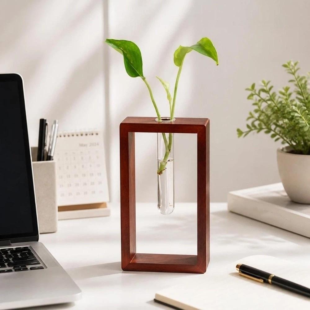 Wooden Glass Tube Vase Minimalist Hydroponic Flowerpot Plant Stand Flower Holder Living Room