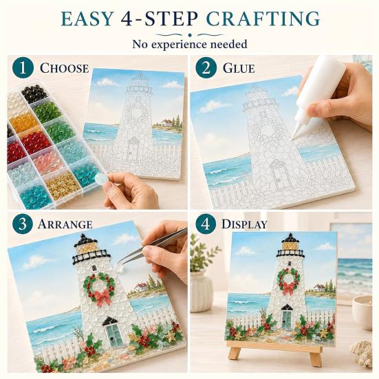 Cozy Holiday Afternoon Activities Christmas Lighthouse Mosaic Art Kit for Adults, DIY Coastal Craft with Acrylic Tiles Colorful Pieces, Decoration