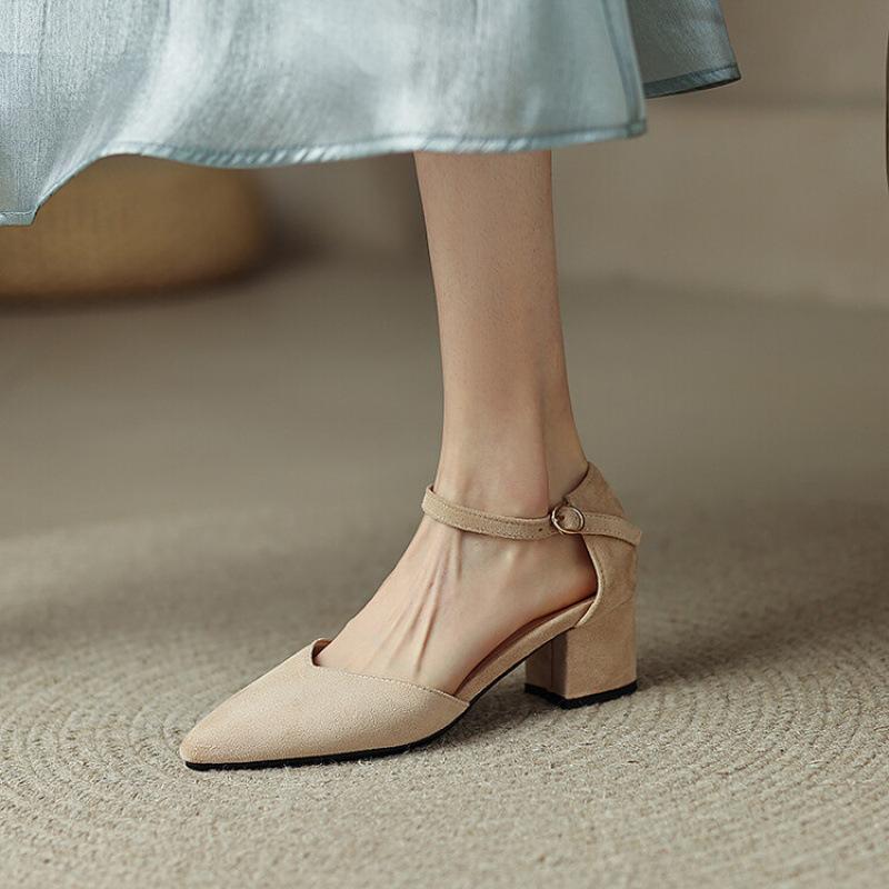 Summer women's casual sandals pointed large size shoes comfortable soft sole new thick heel middle heel buckle suede women's sandals