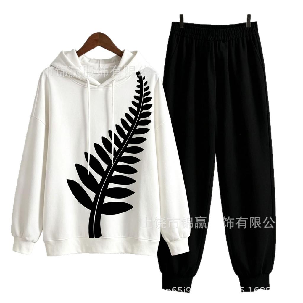 Spring/Autumn Soft Cotton Casual Set, Color-Blocking Floral Top, Solid Color Pants, Versatile Slimming Commuter Set