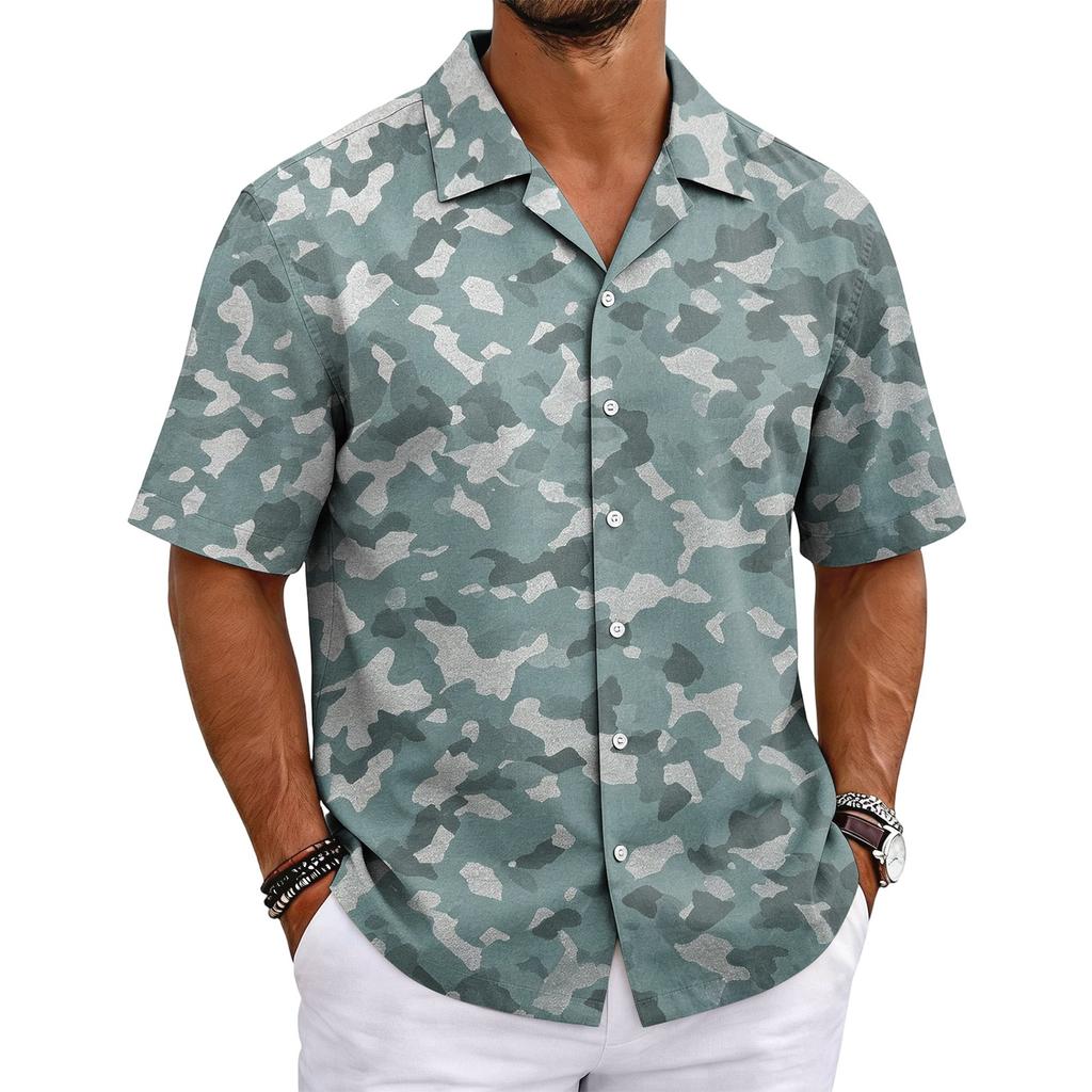 Men's Camouflage Short Sleeve Cuban Collar Shirt Lightweight Breathable Casual Button Down Shirt Summer Beachwear