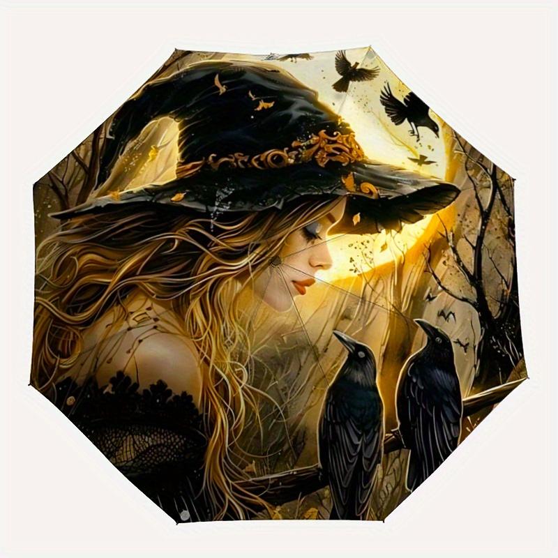 1pc Witch's Moonlit Journey Cartoon Umbrella, Portable 3-Fold Compact Umbrella, Suitable for Camping, Hiking and Travel, Ideal Easter Birthday Gi