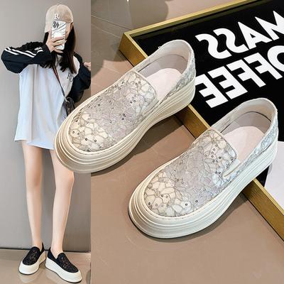 Loafers Women's 2025 Summer New Hollow Lace Muffin Sole One Pedal Fisherman Single Shoes Breathable Height Increase Casual Shoes
