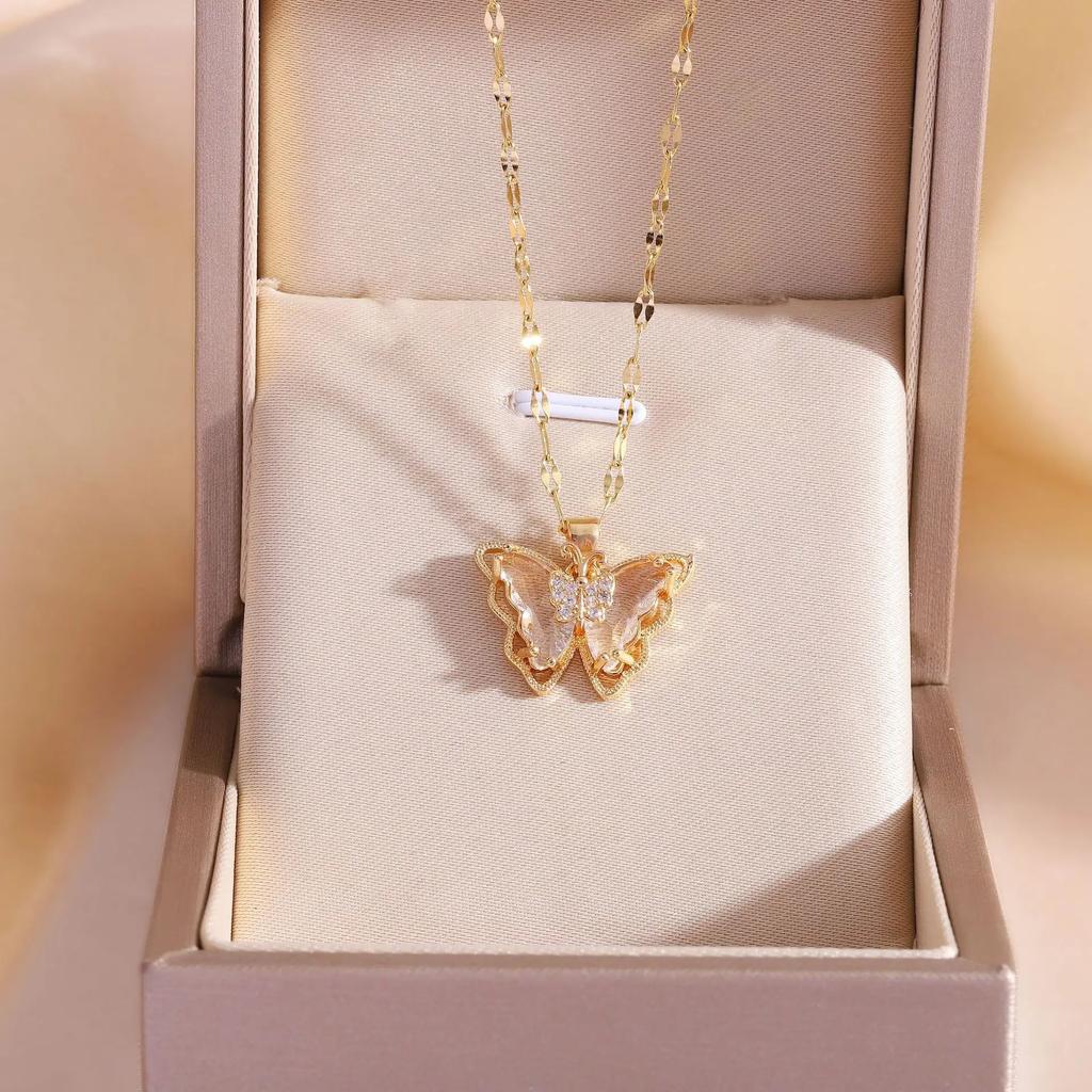 Colorful Zircon Butterfly Pendant Necklaces for Women Girls Stainless Steel Trendy Romantic Jewelry Accessories Gifts