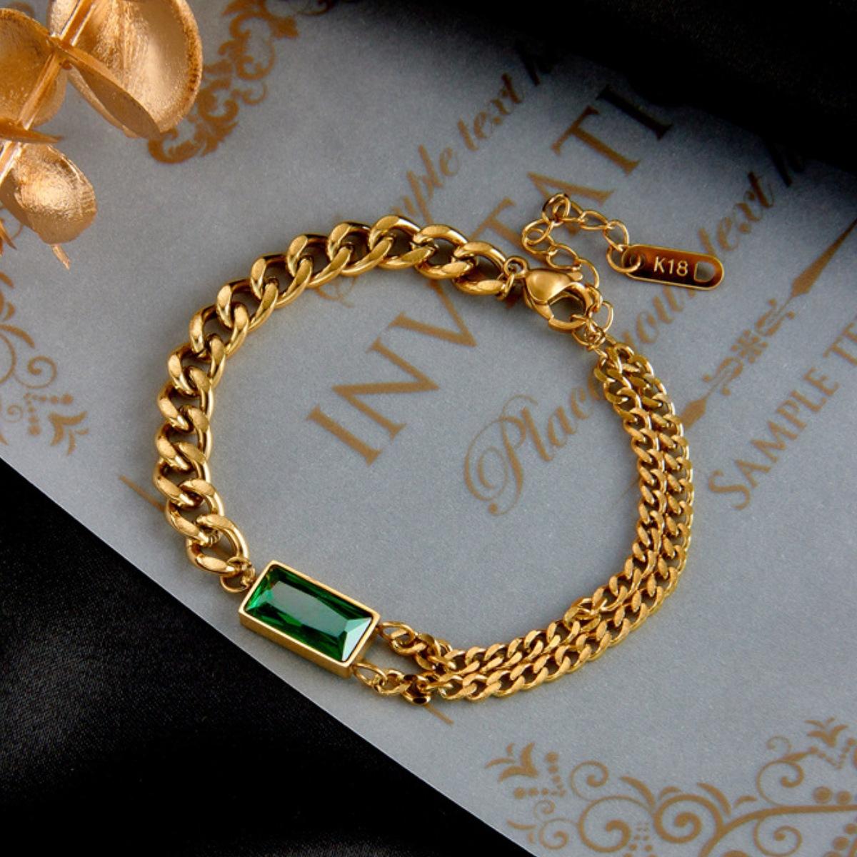 

Fashion Simple Luxury Light Gold-Plated Titanium Steel Chain With Diamonds Rectangular Green Diamond Double Chain Simple Square Bracelet Female