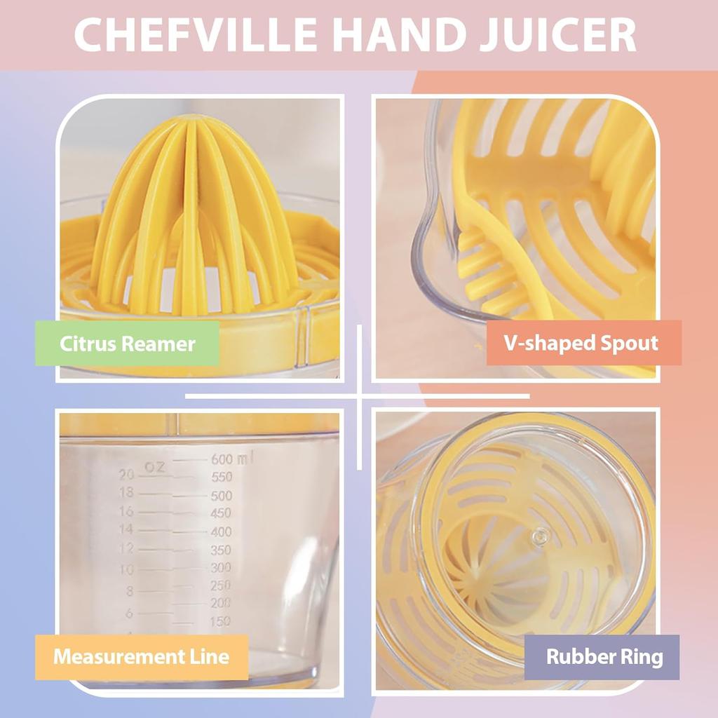 Citrus Juicer 4-in-1 Manual Juicer, ChefVille MJ02 Multifunctional Hand Juicer, Lemon Lime Squeezer with Comfortable Grip Handle, 21-Ounce Capacity
