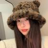 Furry Cartoon Fisherman Hat with Ear for Outdoor Sports Furry Leopard Pattern with Ear Oversized Headgear Hat for Winter