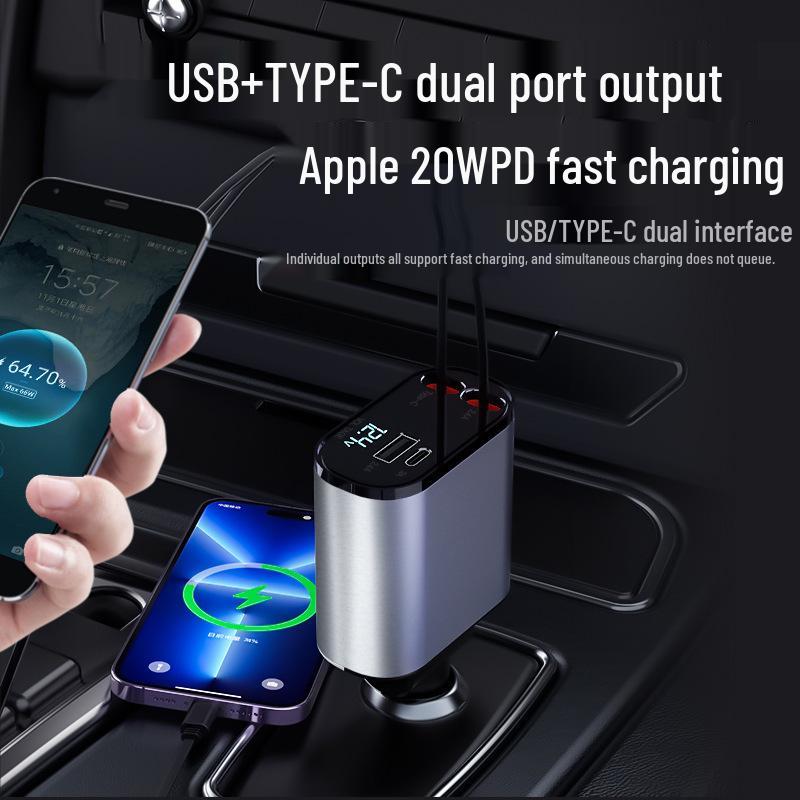 Metal Car Charger with Digital Display & Retractable 3-in-1 Cable for Super Fast Charging Via Cigarette Lighter.