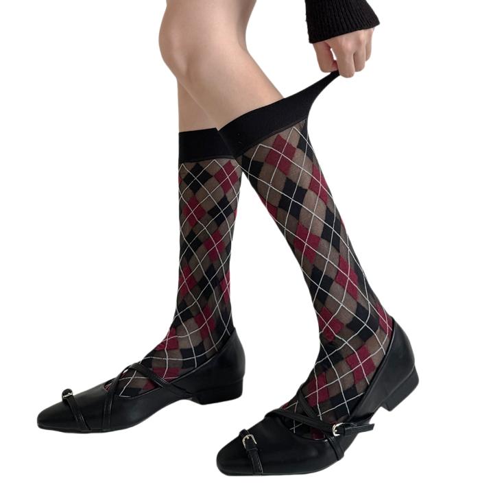 

Retro Women s Stockings Spring Autumn Vintage High Tube Socks Mixed Colors Plaid Female Soft Long Socks Students Korean Style One Size чорний