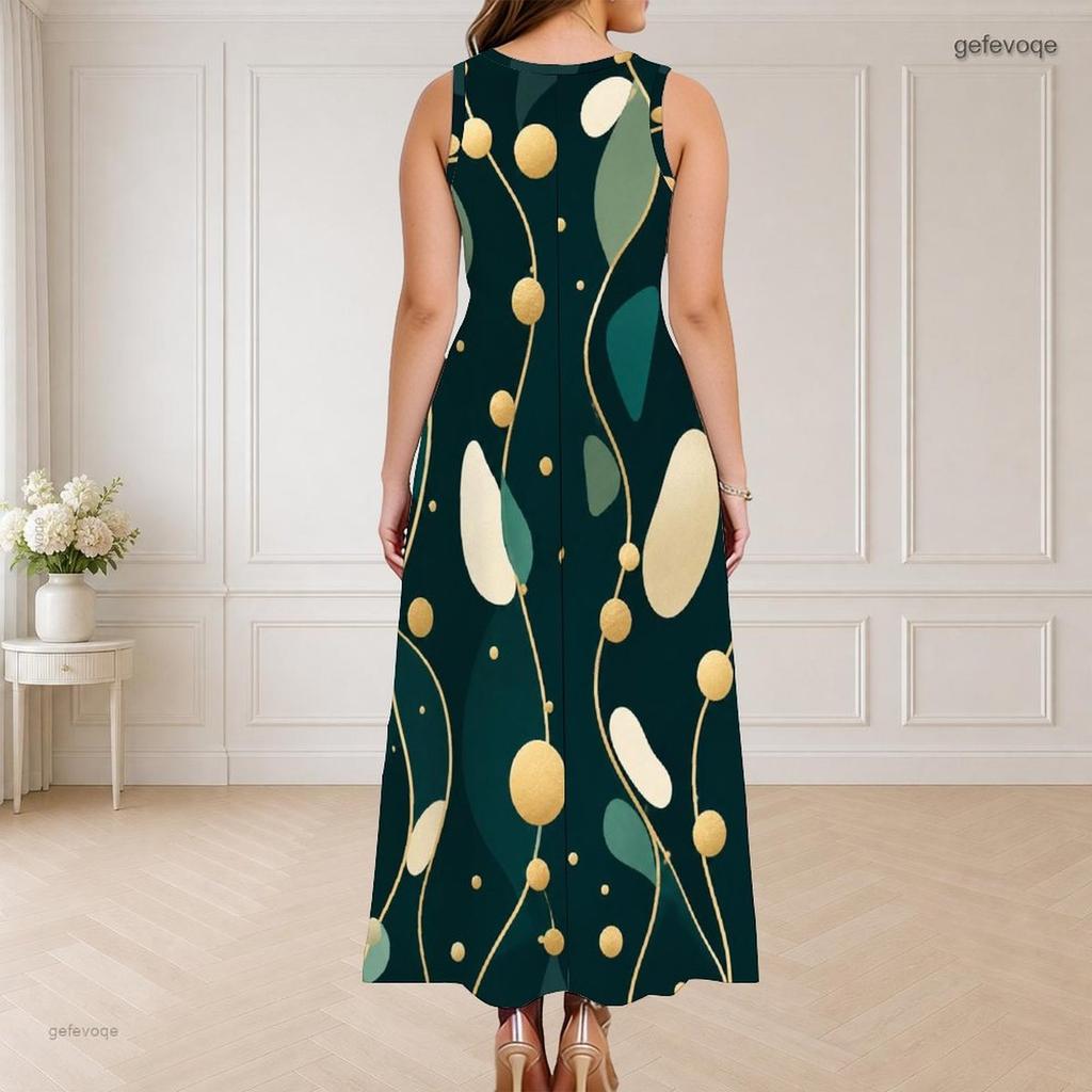 Women Plus Size Sleeveless Round Neck Triple Keyhole Cutout Floral Printed Black Long Dress