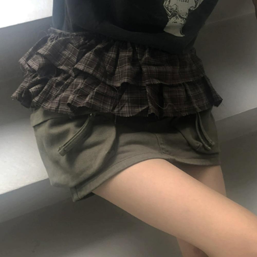 Hip-Hop Layer Outfits Karierter Rock Hemdverlängerer Rüschenrand Bund Jeans Dekoration