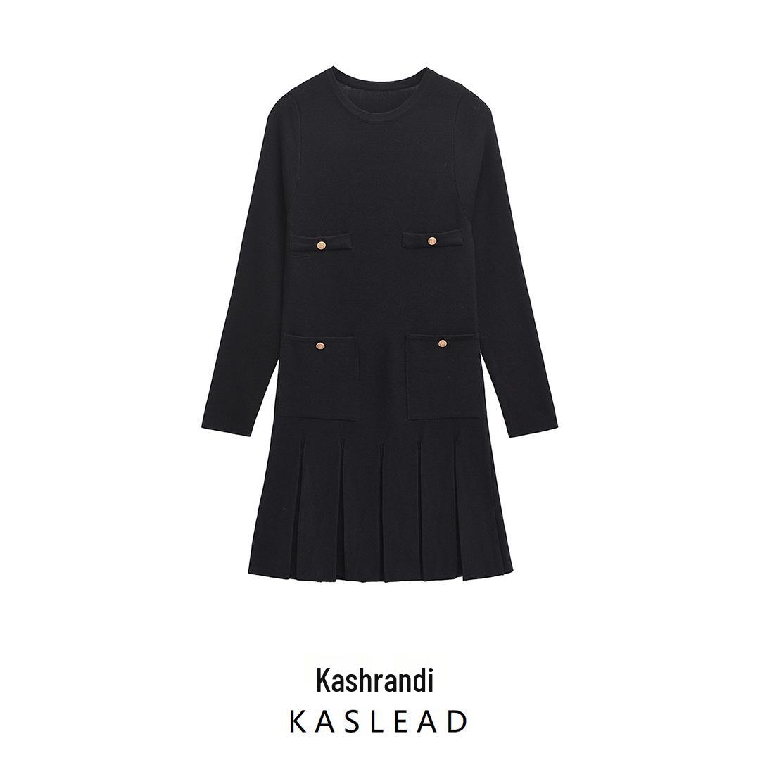 

2024 Autumn Women’s European & American Style Simple Pleated Knit Dress L чёрный