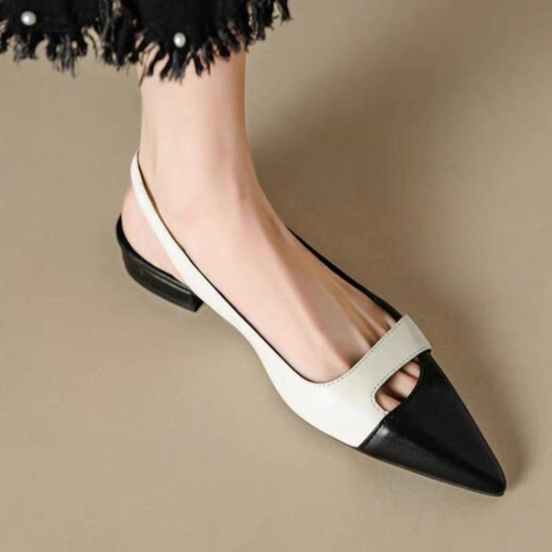 Women's Pointed Toe Color Block Sandals, Leather Comfortable Light Mouth Summer Shoes, Fashion External Flat Sandals